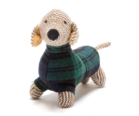 Knitted Sausage Dog Baby Rattle with Tartan Jumper by Best Years