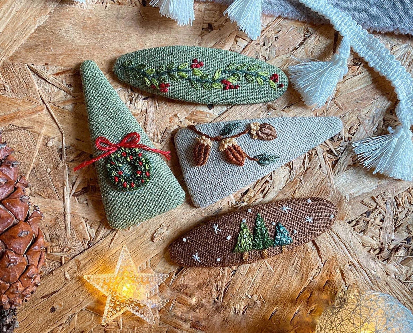 Winter Vine & Evergreen Trees Embroidered Hair Barrettes from Quince Fables