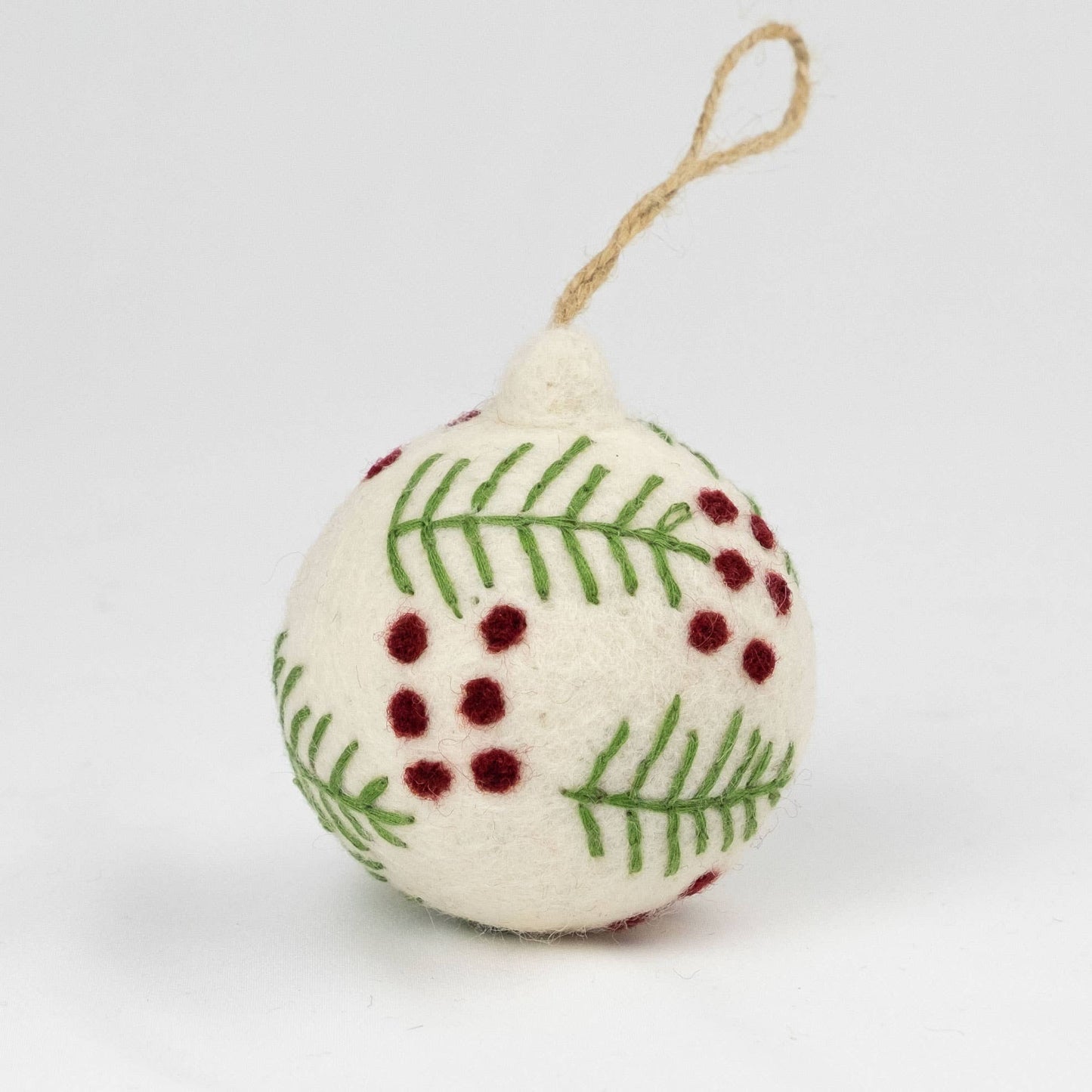 Holiday Felt Ball Ornament Hand Embroidered White Assorted from The Winding Road