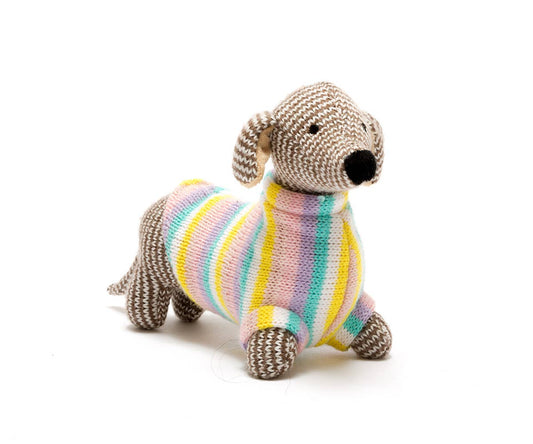 Knitted Sausage Dog Baby Rattle in Pastel Jumper by Best Years