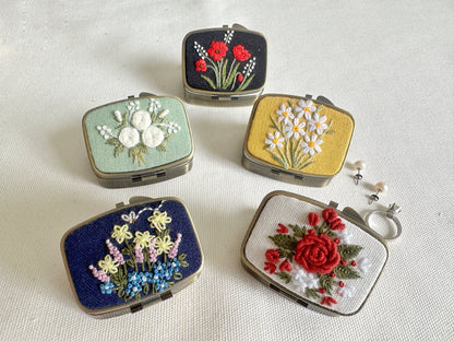 Floral Embroidered Rectangle Mini Jewelry Box With Mirror by Quince Fables