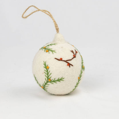 Holiday Felt Ball Ornament Hand Embroidered White Assorted from The Winding Road