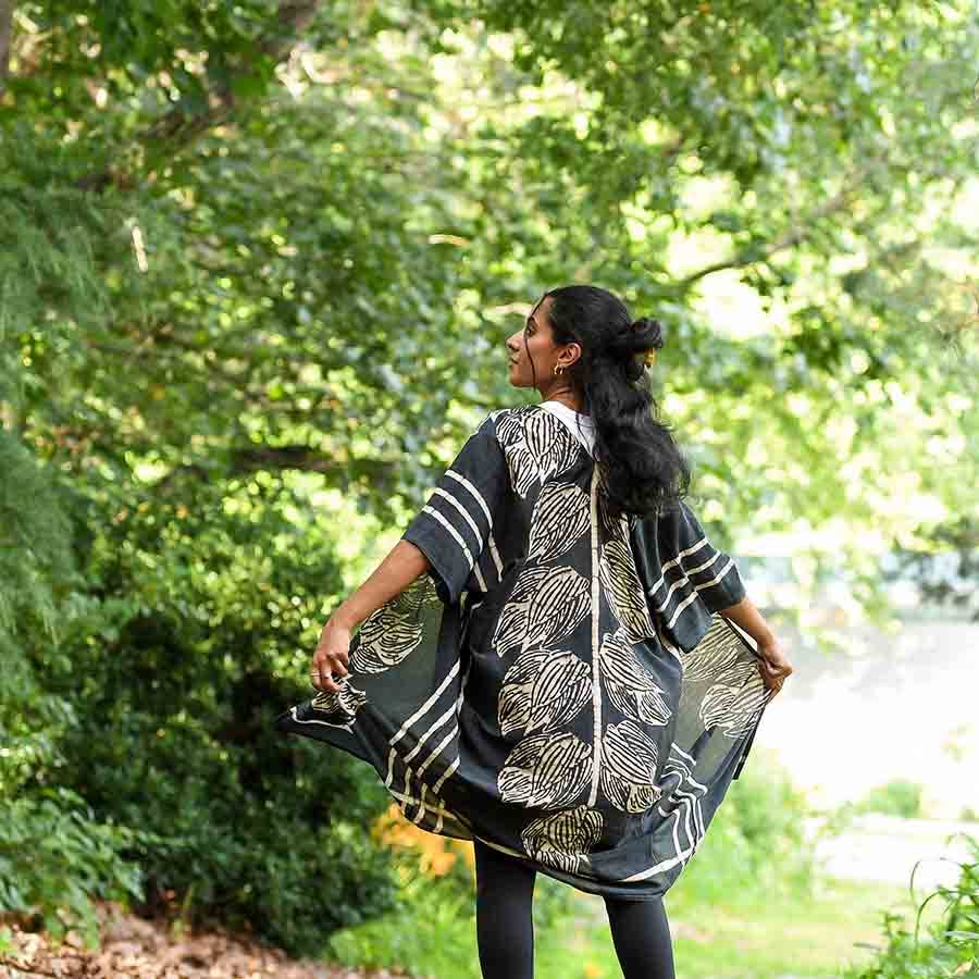 Jungle Black Lounge Kimono/Robe Beach Coverup by Ichcha - Maine Yarn & Fiber Supply
