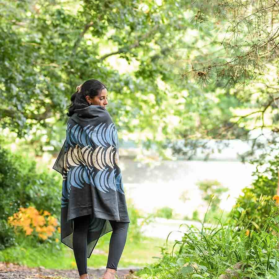 Crescent Blue Moon Block Print Scarf by Ichcha - Maine Yarn & Fiber Supply