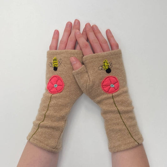 Bee on Beige - Fingerless Cashmere Gloves from Sardine Clothing Co.