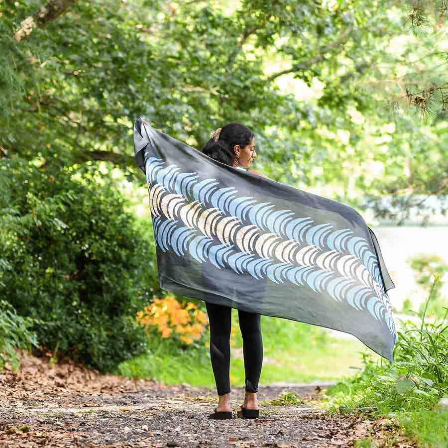Crescent Blue Moon Block Print Scarf by Ichcha - Maine Yarn & Fiber Supply