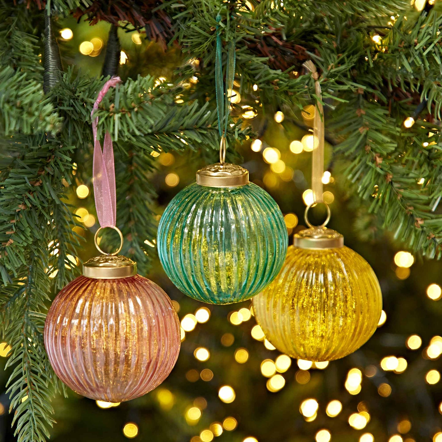 Recycled Glass Ribbed Baubles (3 colors) by Paper High UK