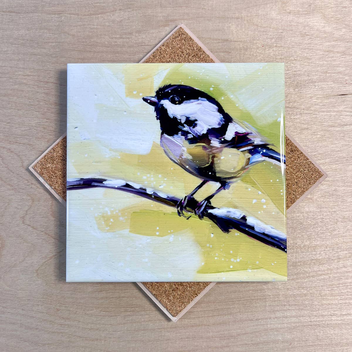 Chickadee on Gold Trivet by Art by Alyssa