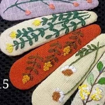 Autumn Fern Floral Embroidered Linen Teardrop Hair Barrette by Quince Fables