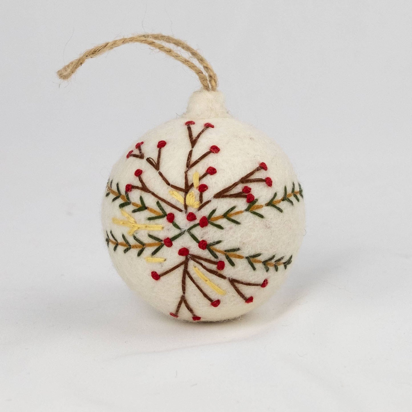 Holiday Felt Ball Ornament Hand Embroidered White Assorted from The Winding Road