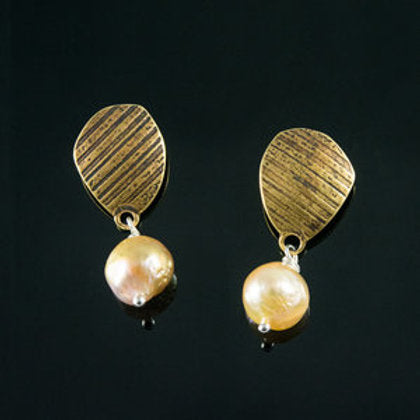 Stone Post Earrings with Freshwater Pearls in Brass by Ashley May Jewelry