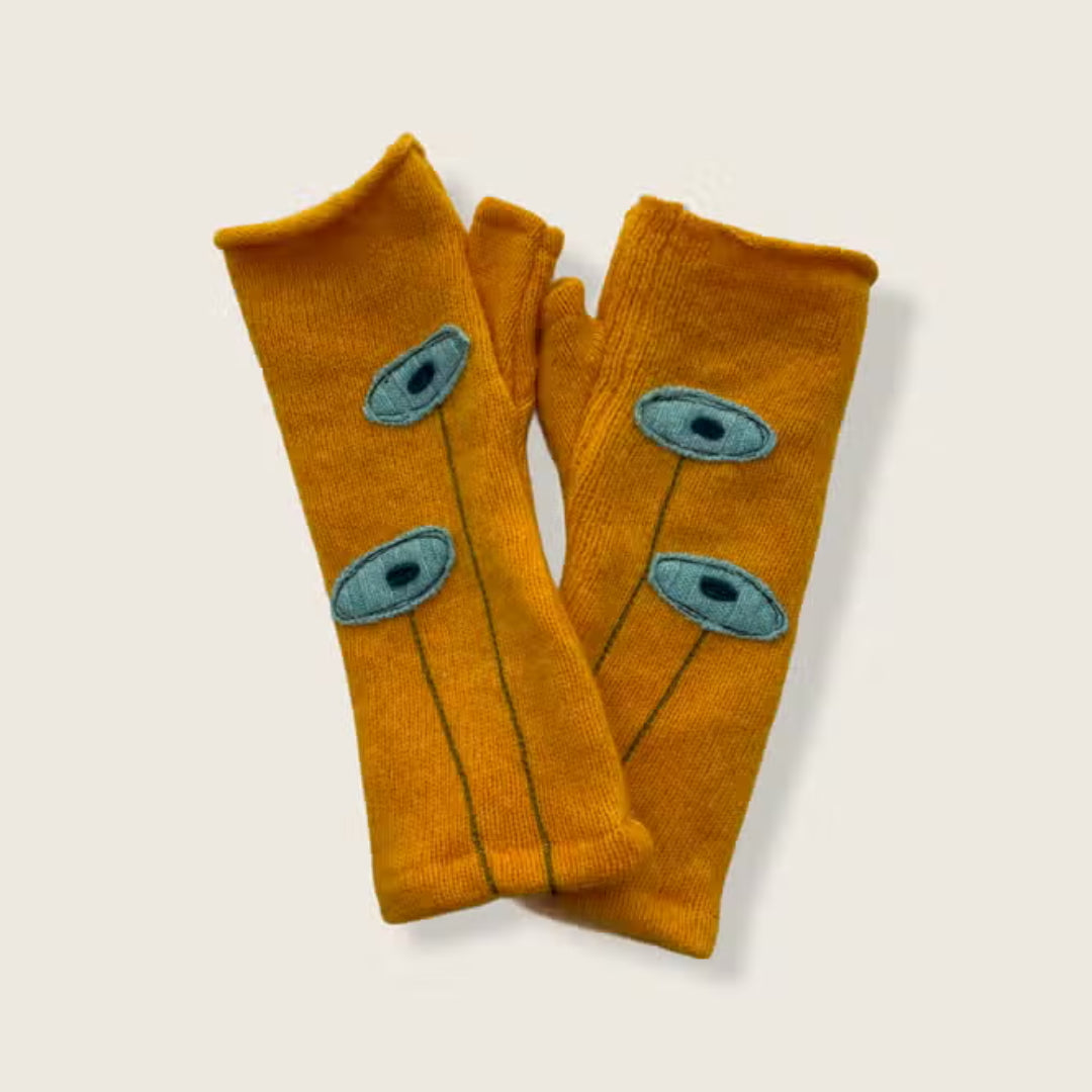 Oval Poppy Aqua on Gold - Fingerless Cashmere Gloves from Sardine Clothing Co.