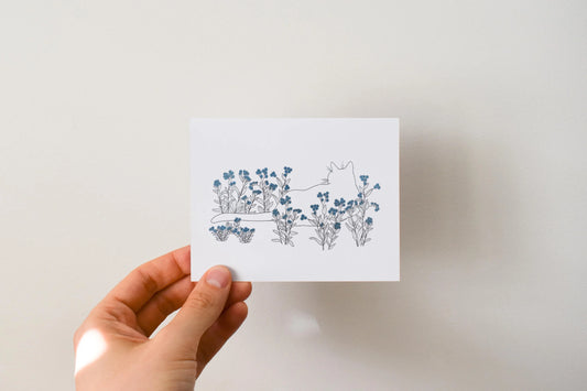 Cat and Forget-Me-Nots - Greeting Card by 3 Legged Dog Ink