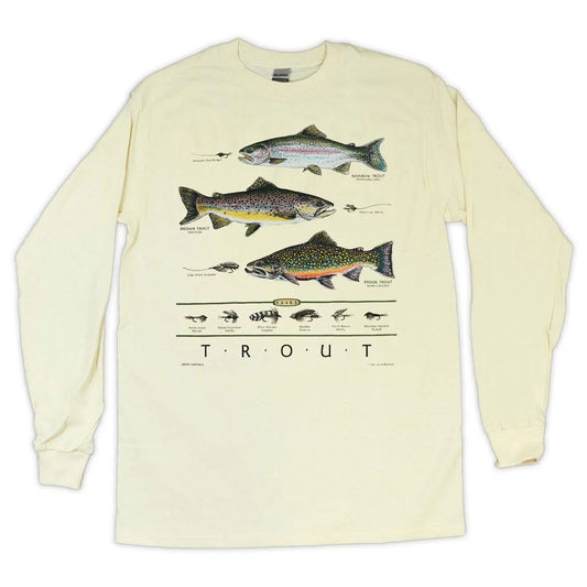 Trout & Flies Long Sleeve Unisex Adult T-Shirt in Natural by Liberty Graphics