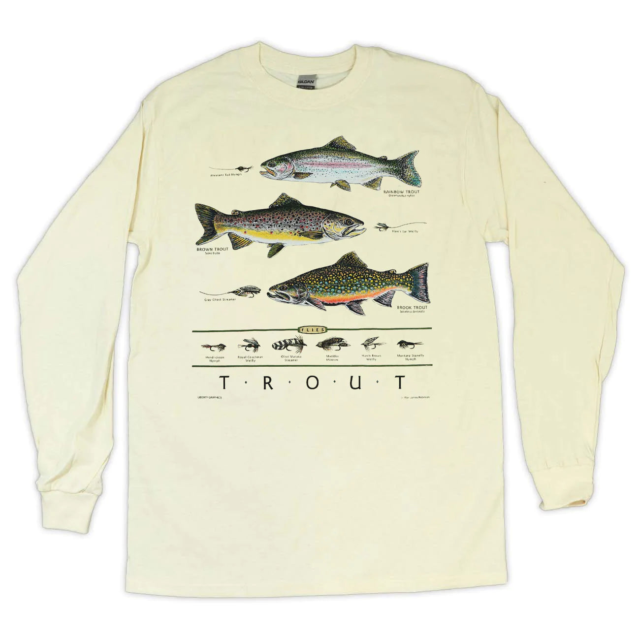 Trout & Flies Long Sleeve Adult Unisex T-Shirt in Natural by Liberty Graphics