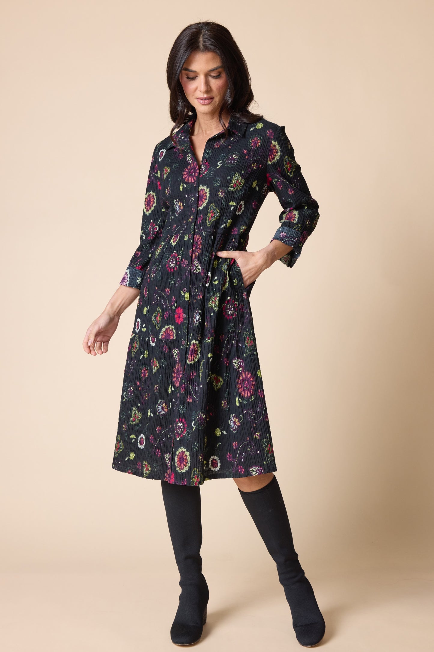 2026 Crinkle Cotton Floral Lanai Dress in Black by Habitat Clothing - Maine Yarn & Fiber Supply