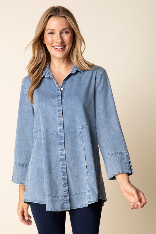 2026 The One Perfect Travel Shirt in Light Denim by Habitat Clothing - Maine Yarn & Fiber Supply