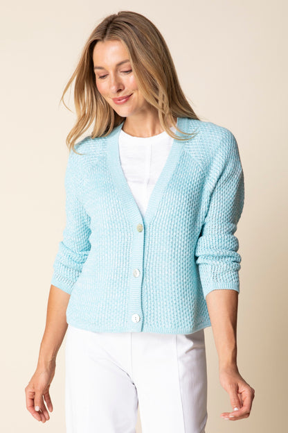 2026 Coast Crochet Cardigan in Topaz by Habitat Clothing - Maine Yarn & Fiber Supply