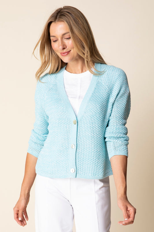 2026 Coast Crochet Cardigan in Topaz by Habitat Clothing - Maine Yarn & Fiber Supply