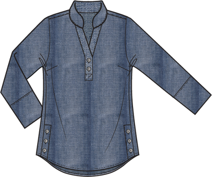 AAAAAA Perfect Travel Denim Half Placket Pullover in Medium Denim by Habitat Clothing - Maine Yarn & Fiber Supply