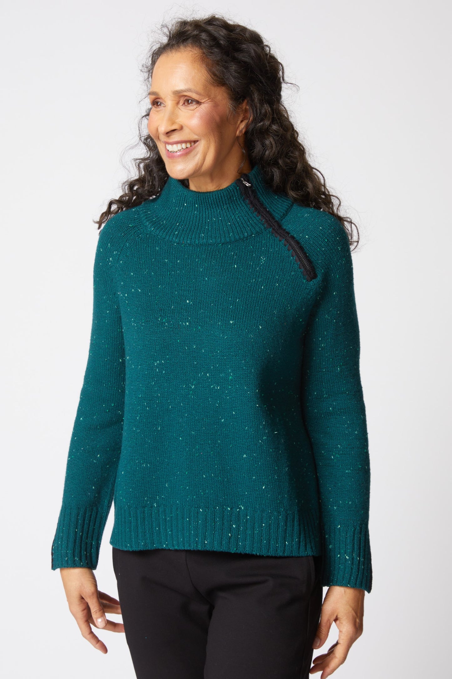 Harvest Tweed Zip Neck Sweater in Juniper by Habitat Clothing