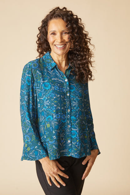 AAAAAA Rayon Crepe Garden Flounce Shirt in Lagoon by Habitat Clothing - Maine Yarn & Fiber Supply