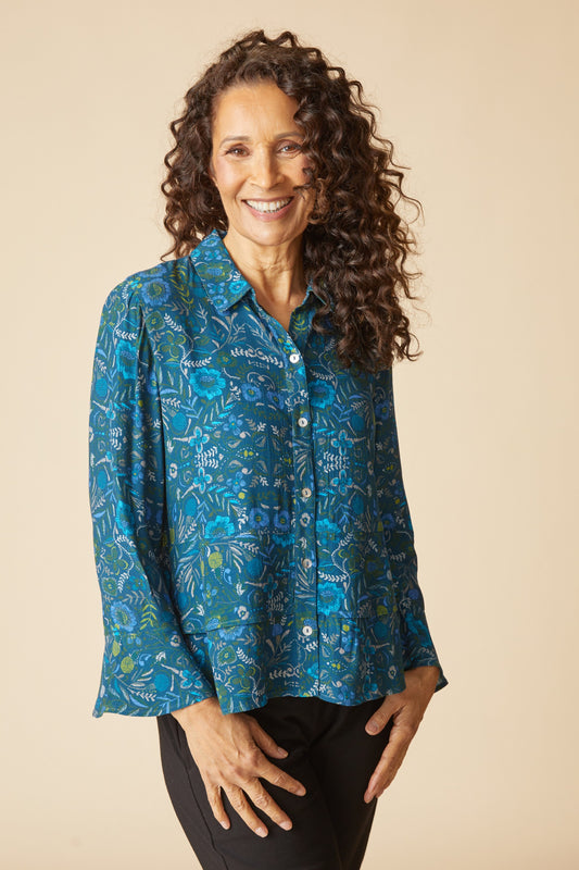 AAAAAA Rayon Crepe Garden Flounce Shirt in Lagoon by Habitat Clothing - Maine Yarn & Fiber Supply