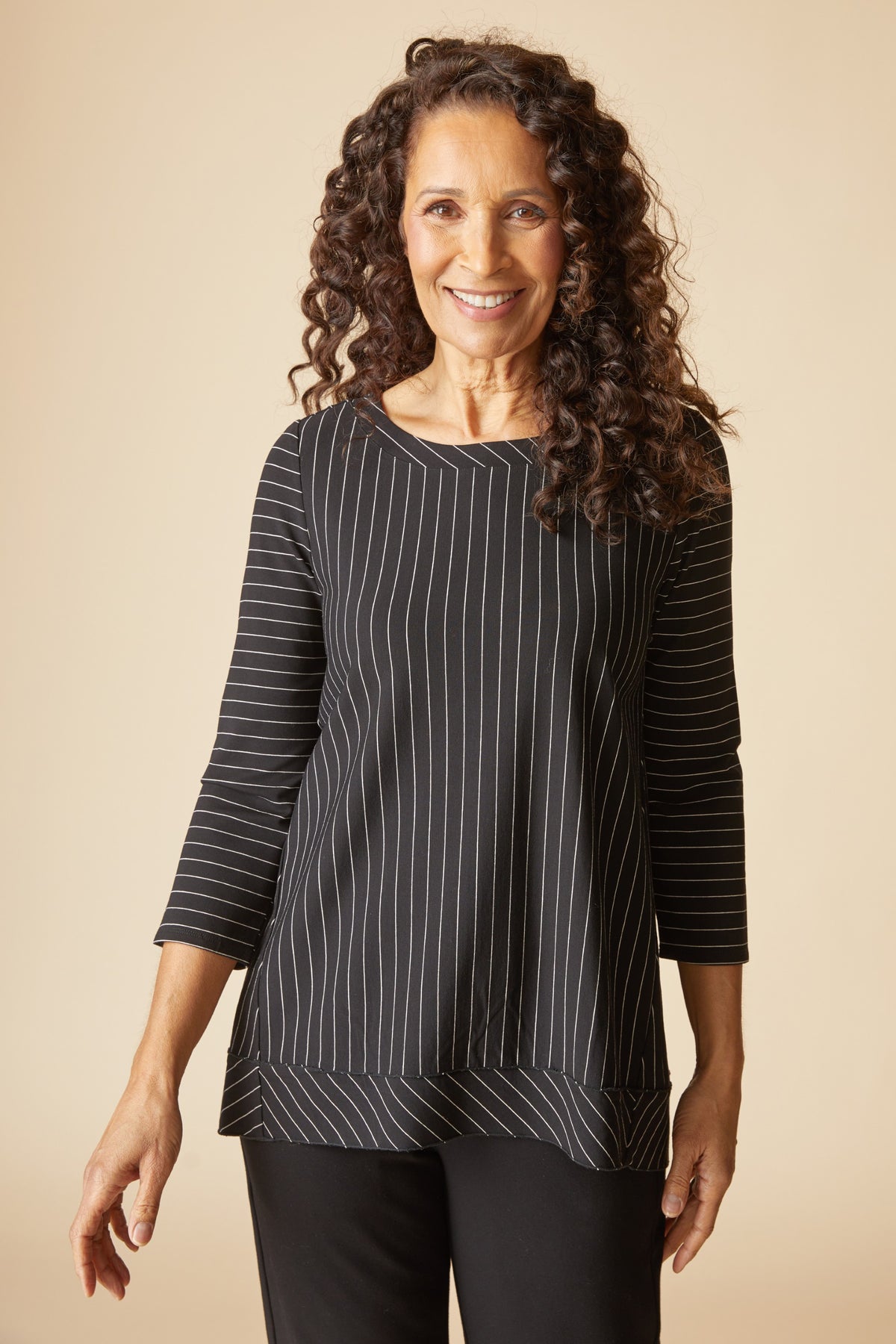 Core Travel Knit Stripe Pleat Back Tunic in Black by Habitat Clothing