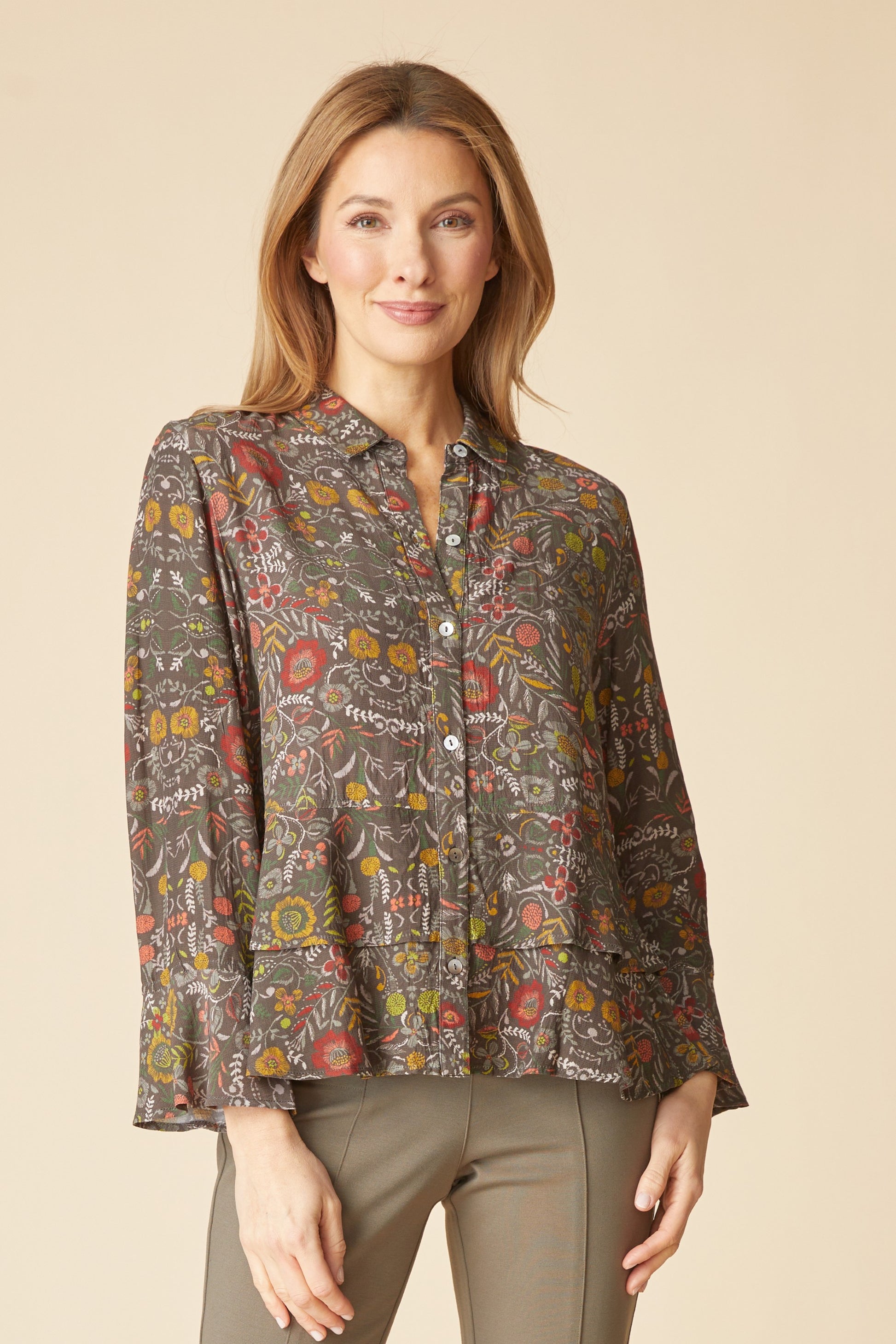 AAAAAA Rayon Crepe Garden Flounce Shirt in Olive by Habitat Clothing - Maine Yarn & Fiber Supply