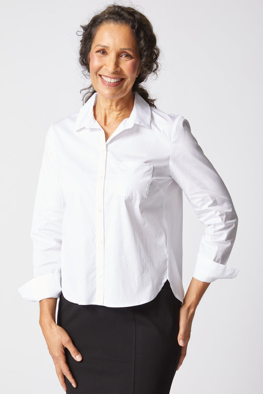 AAAAAA Perfect Travel Shirt with Shaped Hem in White by Habitat Clothing - Maine Yarn & Fiber Supply