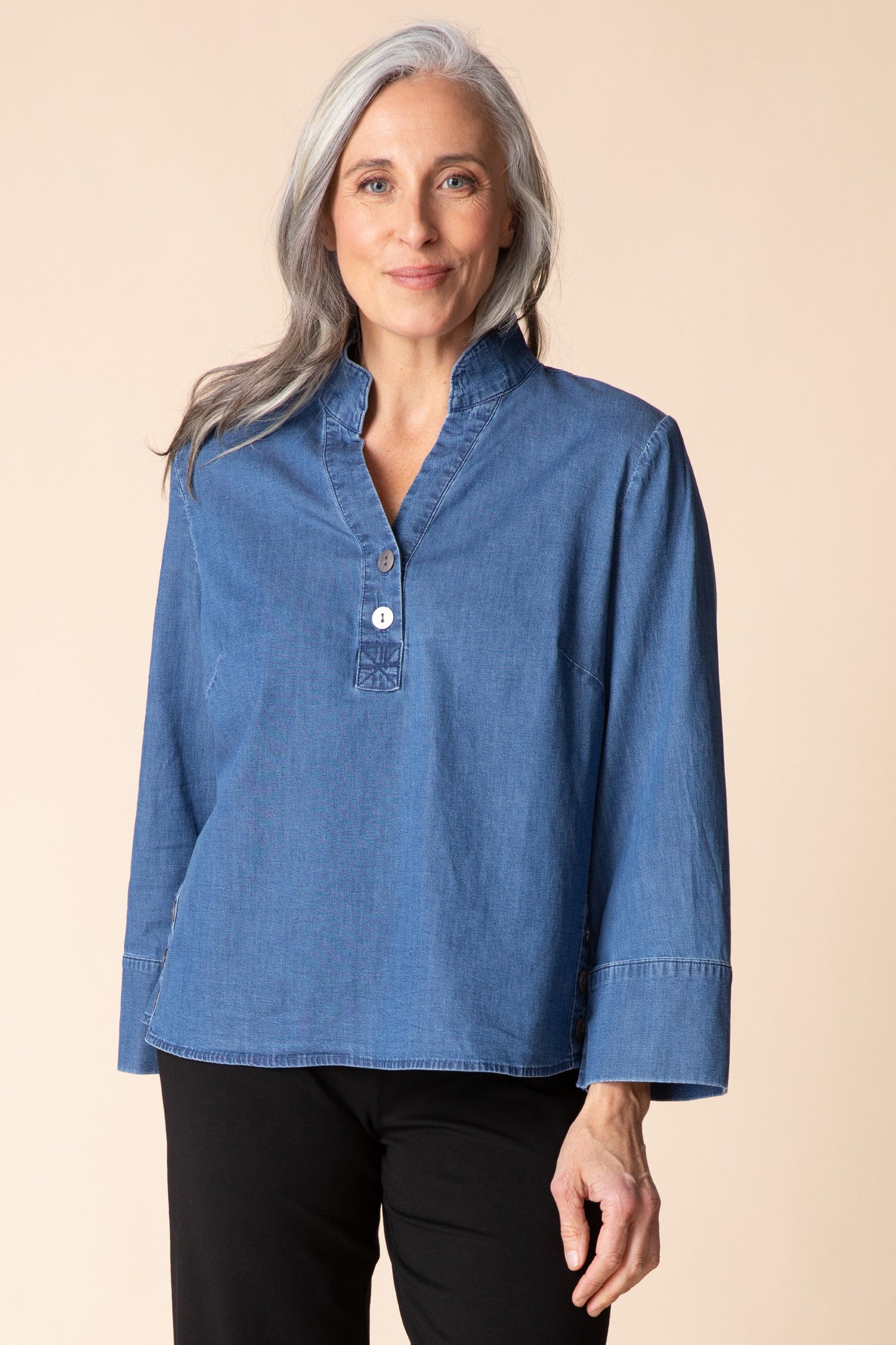 AAAAAA Perfect Travel Denim Half Placket Pullover in Medium Denim by Habitat Clothing - Maine Yarn & Fiber Supply
