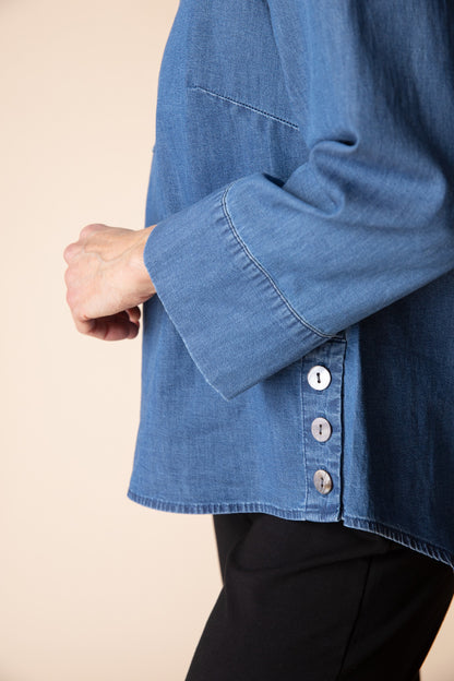 AAAAAA Perfect Travel Denim Half Placket Pullover in Medium Denim by Habitat Clothing - Maine Yarn & Fiber Supply