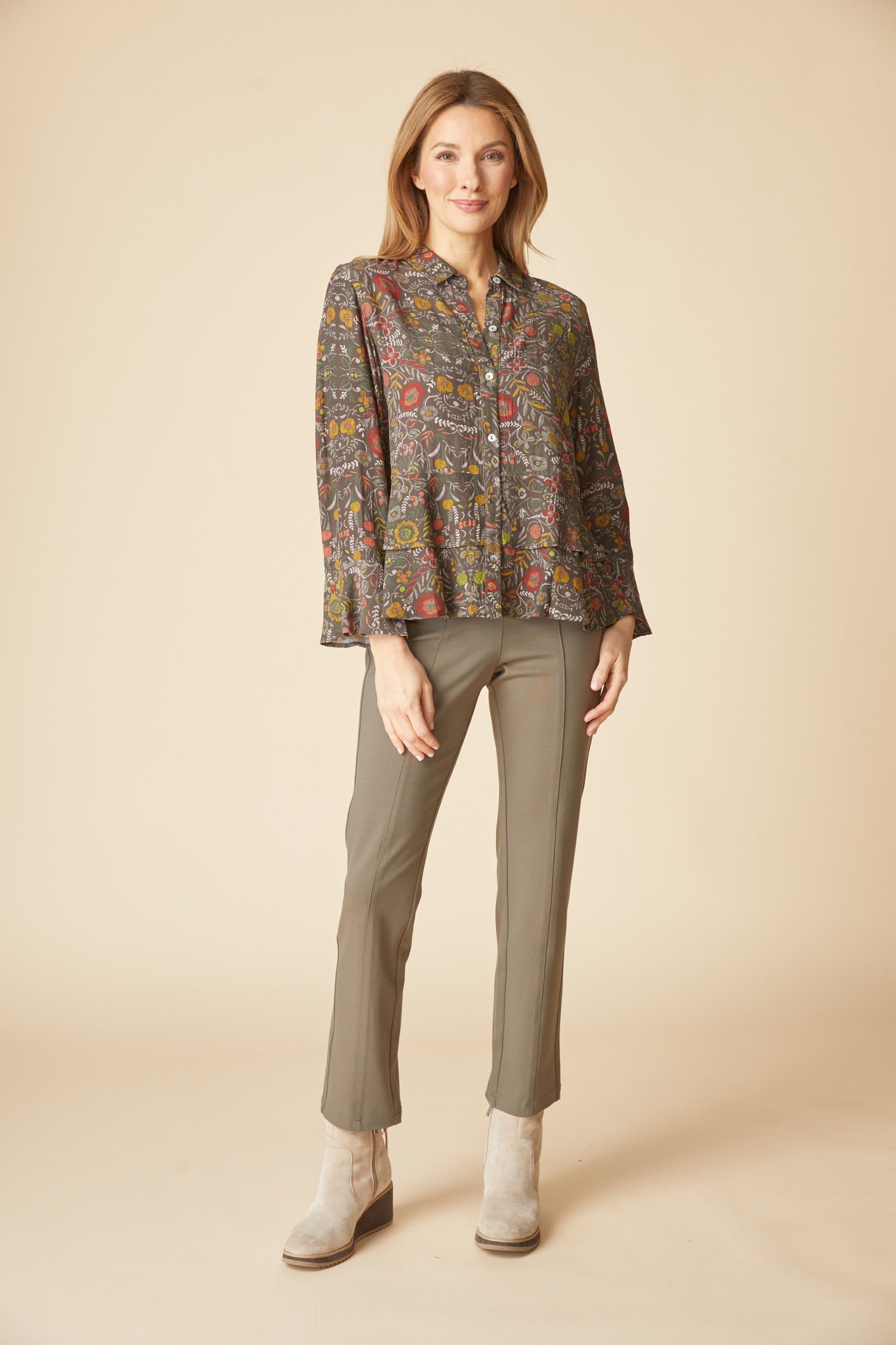 AAAAAA Rayon Crepe Garden Flounce Shirt in Olive by Habitat Clothing - Maine Yarn & Fiber Supply