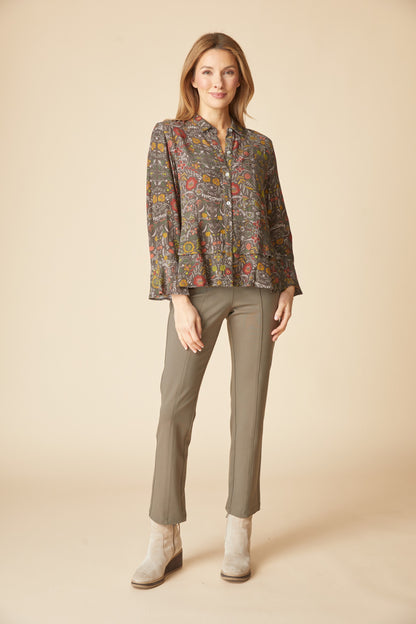 AAAAAA Rayon Crepe Garden Flounce Shirt in Olive by Habitat Clothing - Maine Yarn & Fiber Supply