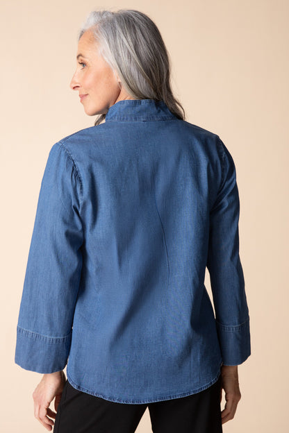 AAAAAA Perfect Travel Denim Half Placket Pullover in Medium Denim by Habitat Clothing - Maine Yarn & Fiber Supply