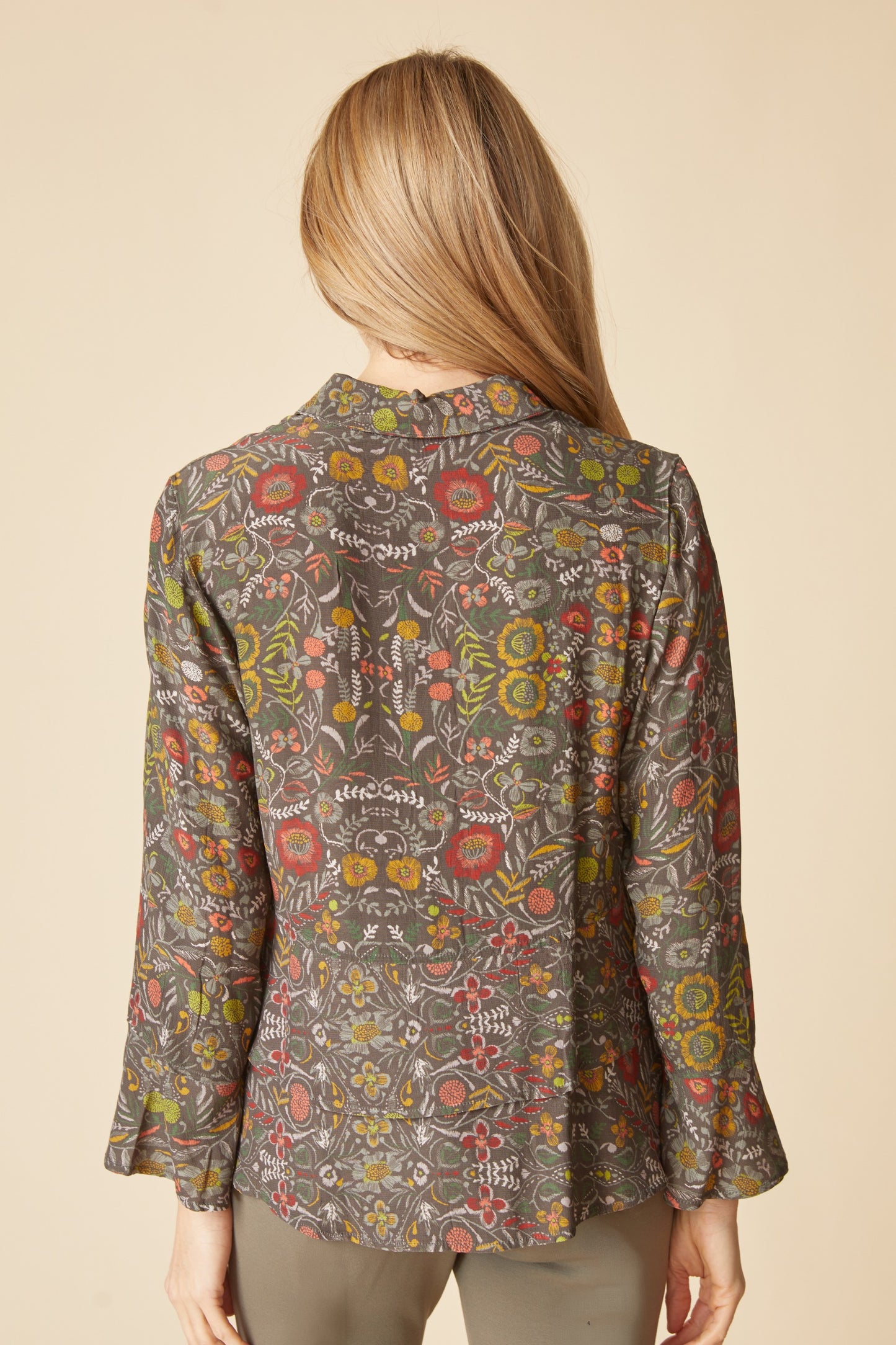 AAAAAA Rayon Crepe Garden Flounce Shirt in Olive by Habitat Clothing - Maine Yarn & Fiber Supply