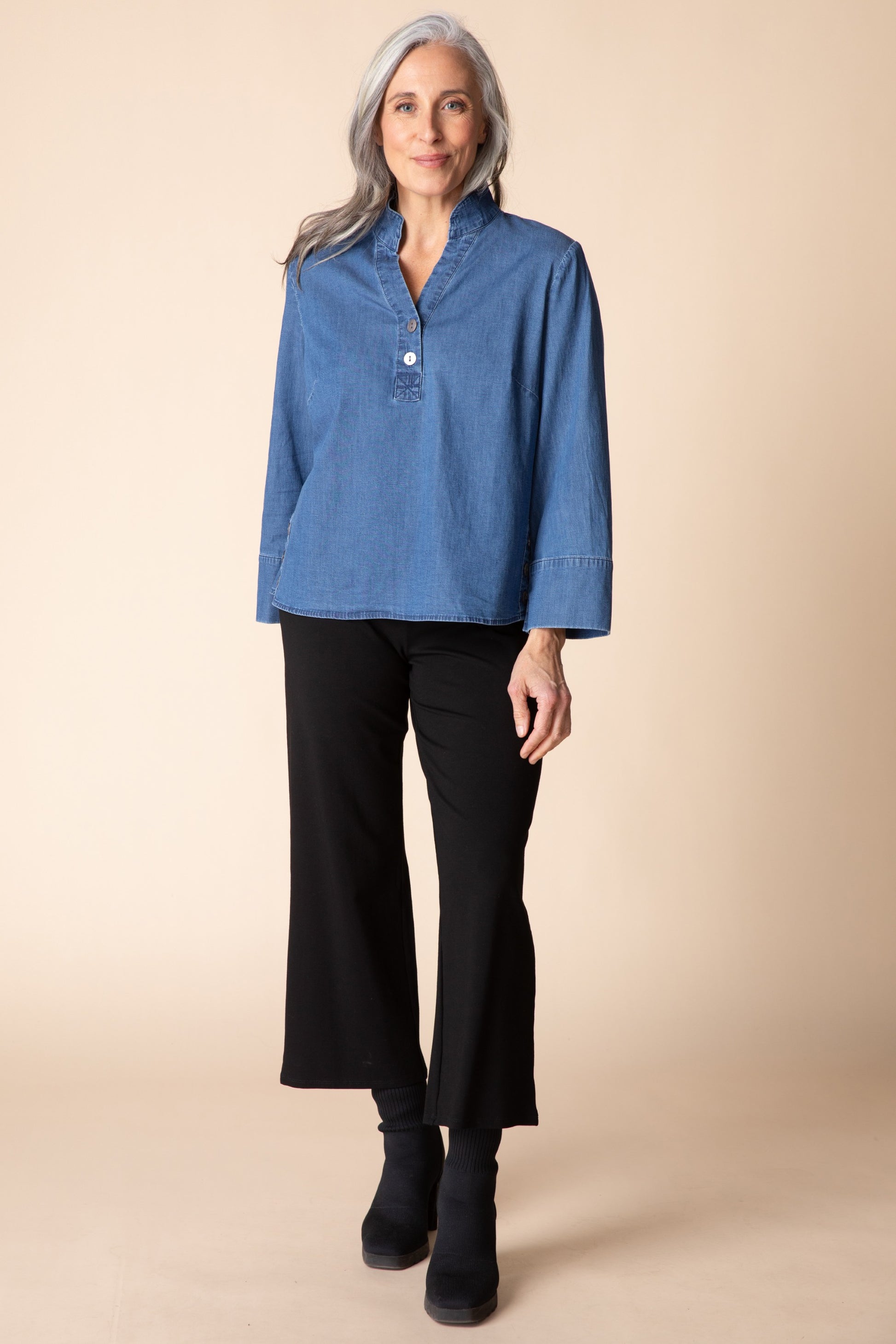 AAAAAA Perfect Travel Denim Half Placket Pullover in Medium Denim by Habitat Clothing - Maine Yarn & Fiber Supply