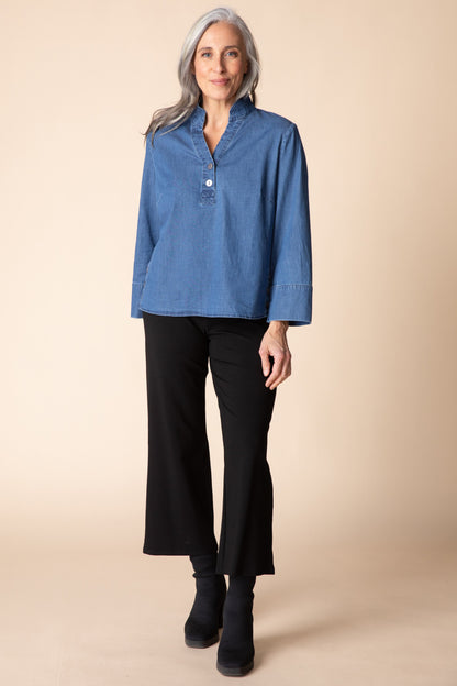 AAAAAA Perfect Travel Denim Half Placket Pullover in Medium Denim by Habitat Clothing - Maine Yarn & Fiber Supply