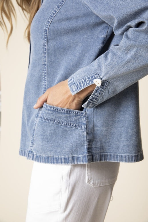 2026 Perfect Travel Shirt Jacket in Light Denim by Habitat Clothing - Maine Yarn & Fiber Supply