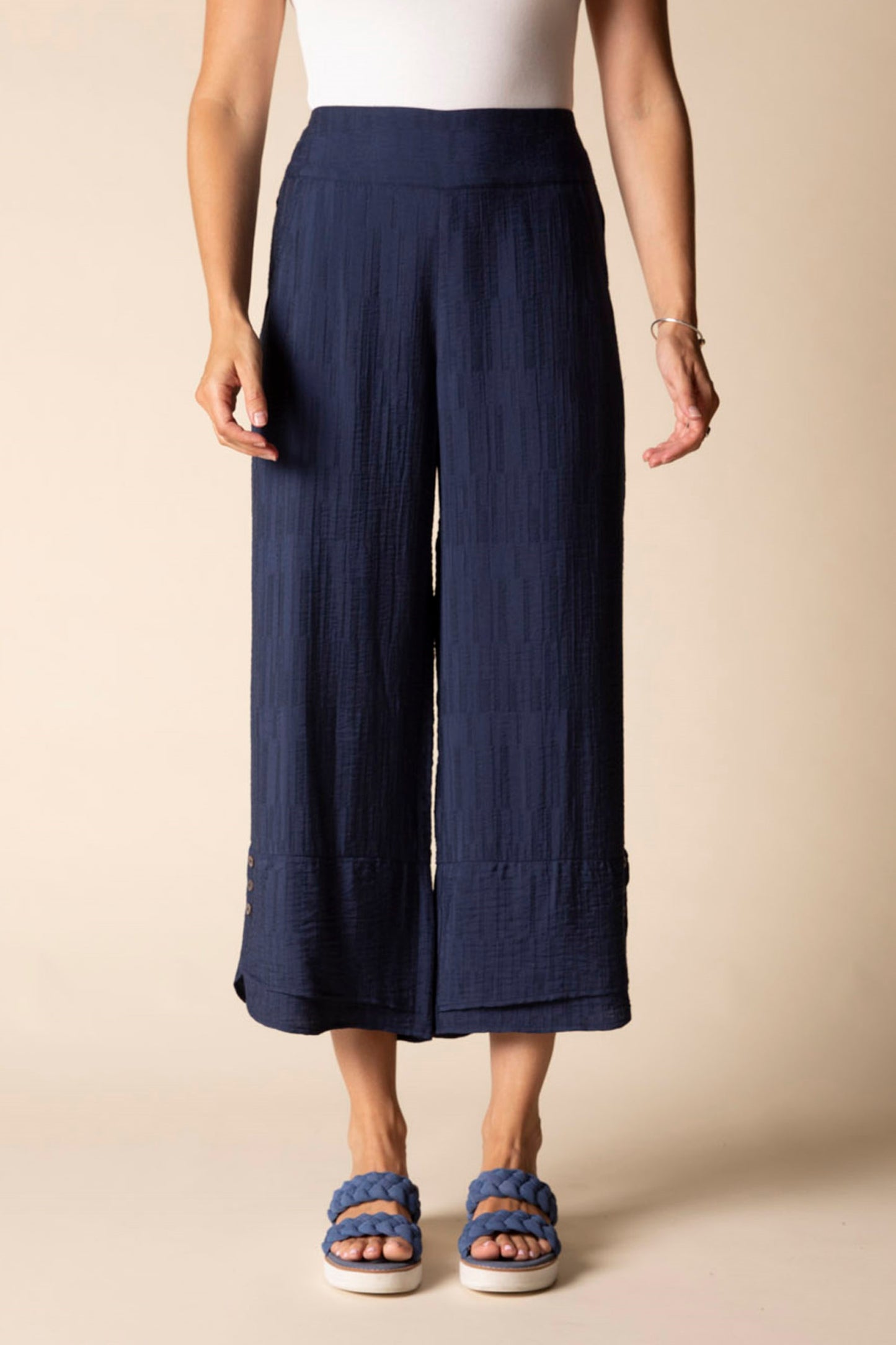 2026 Soft Rayon Jacquard Wide Leg Crop Pant in Navy by Habitat Clothing - Maine Yarn & Fiber Supply
