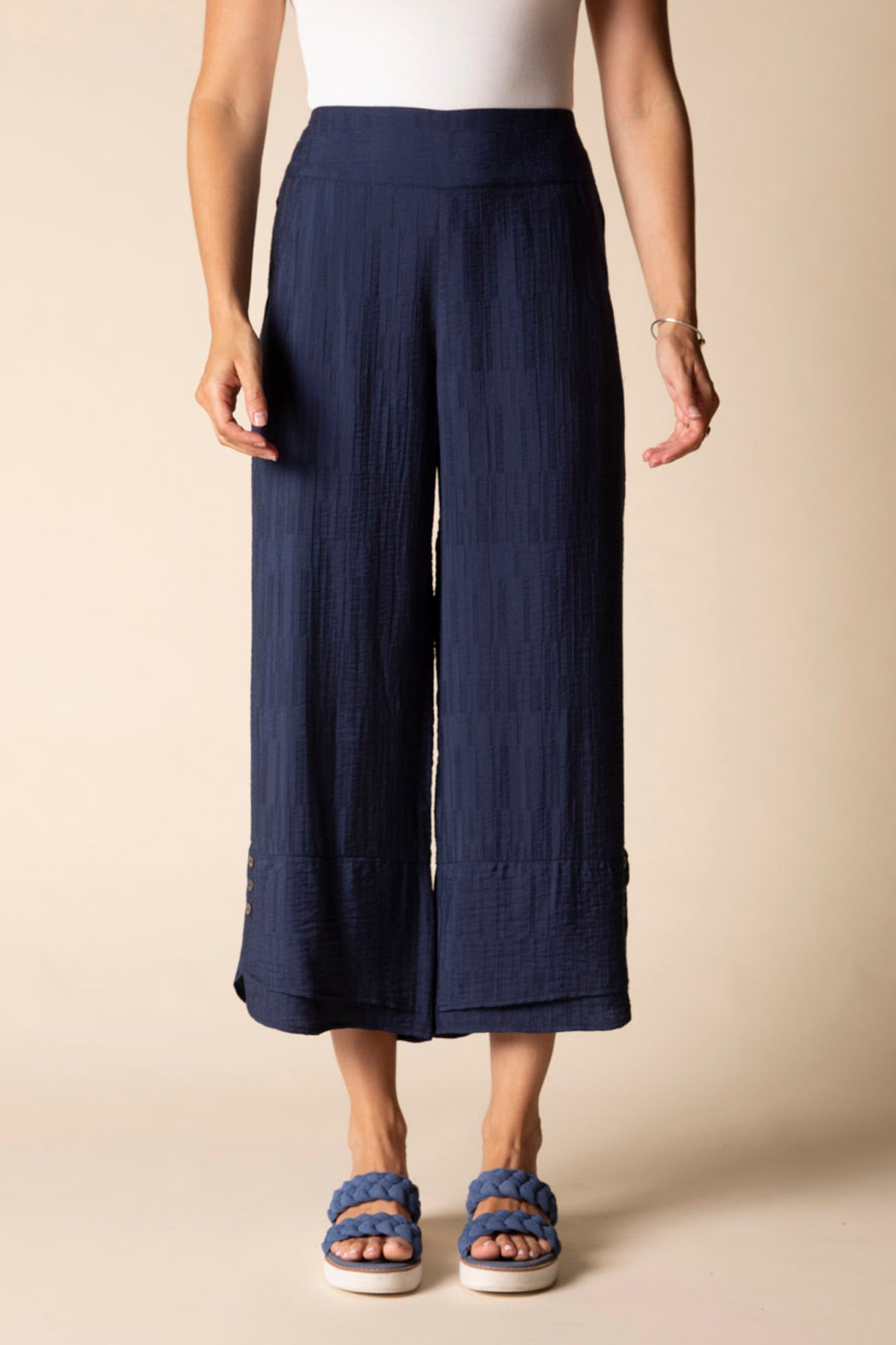 2026 Soft Rayon Jacquard Wide Leg Crop Pant in Navy by Habitat Clothing - Maine Yarn & Fiber Supply