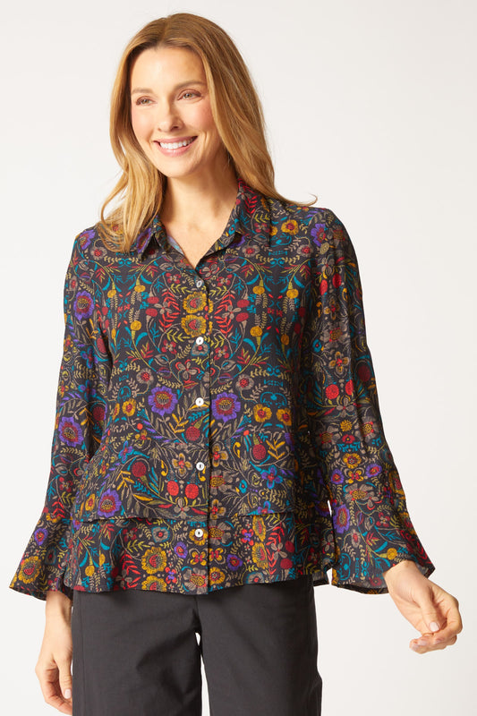 Off the Vine Flounce Bracelet Sleeve Shirt in Black by Habitat Clothing