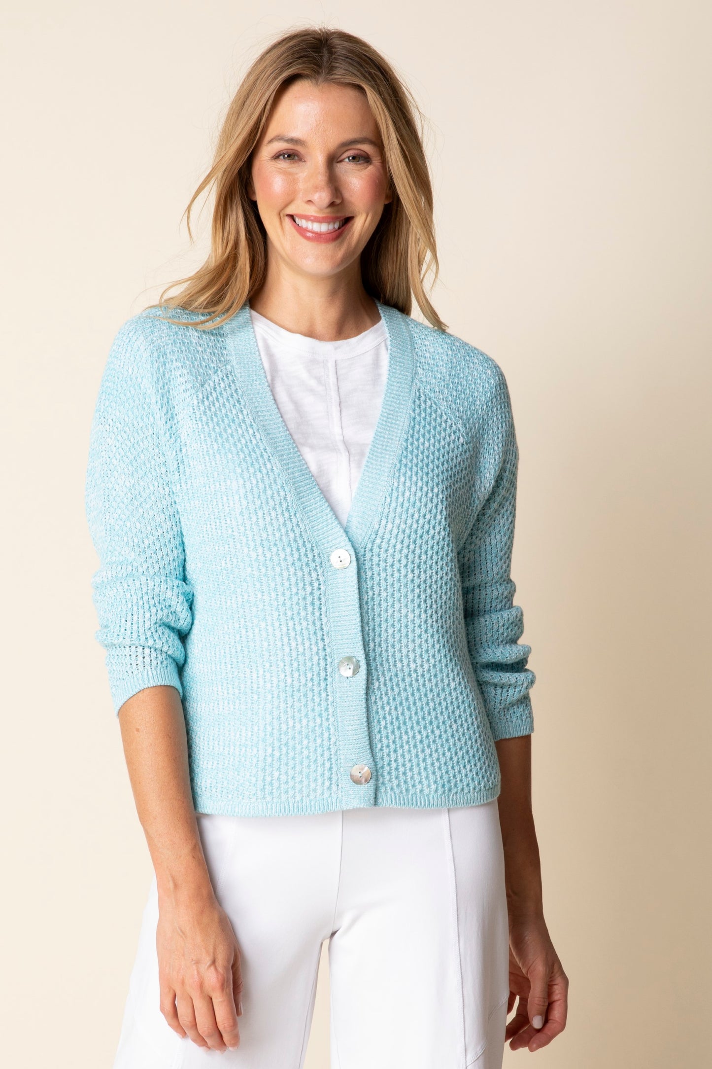 2026 Coast Crochet Cardigan in Topaz by Habitat Clothing - Maine Yarn & Fiber Supply