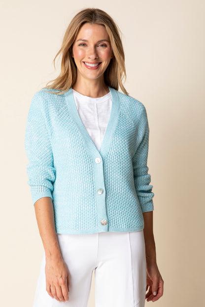 2026 Coast Crochet Cardigan in Topaz by Habitat Clothing - Maine Yarn & Fiber Supply