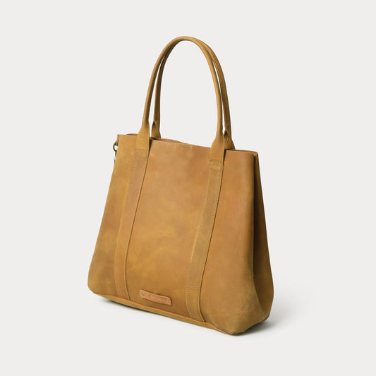 Shinny Leather Tote in Light Brown by Le Papillon
