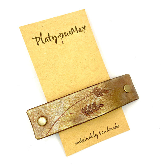 Copper / Rose Gold Wheat Stalk Leather Nature Print Hair Barrette by PlatypusMax