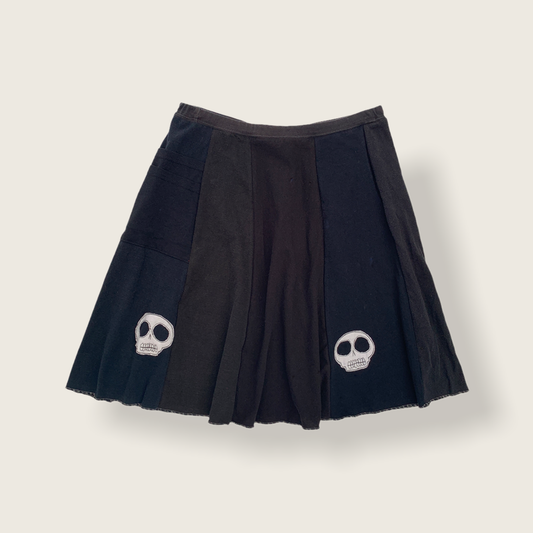 SALE 50% off - Black with Skulls - Upcycled One of a Kind Applique Skirt by Sardine Clothing Co