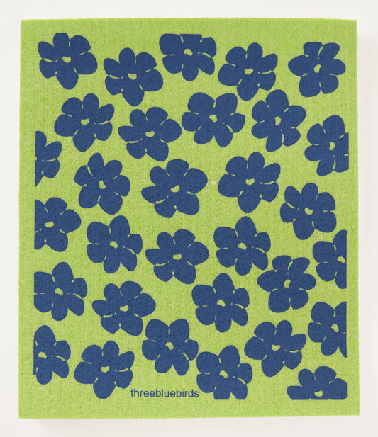 Blue Poppies on Green - Swedish Dishcloths by Three Blue Birds
