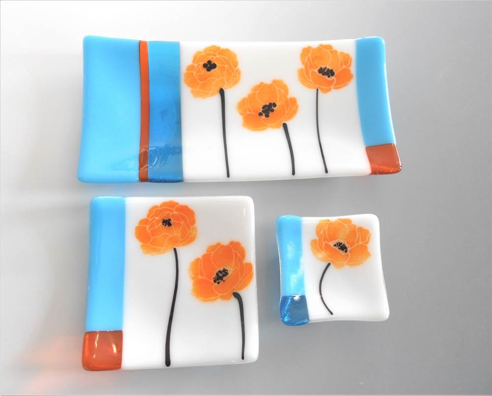 Orange Poppy Glass Dishes by Art Glass Array