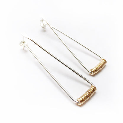 Triangle With Gold Wirewrap (Wire or Post) Sterling Silver Earrings by Cullen Jewelry Design